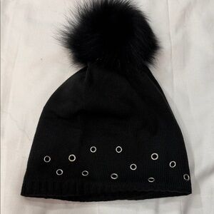 Fraas Black Beanie with Pom Pom and Eyelet Accents
